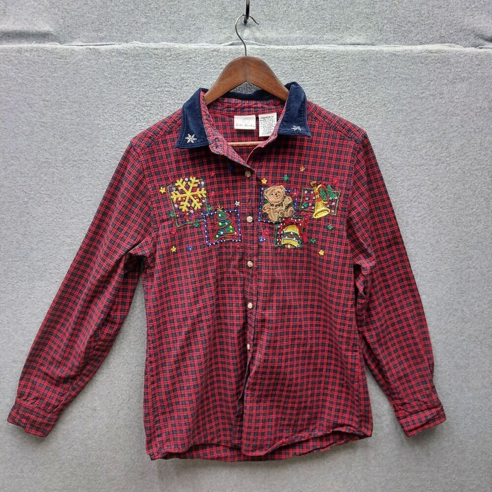 Bobbie Brooks Ladies M Red Plaid Button-Up Shirt W/ Navy Collar & Christmas Embr